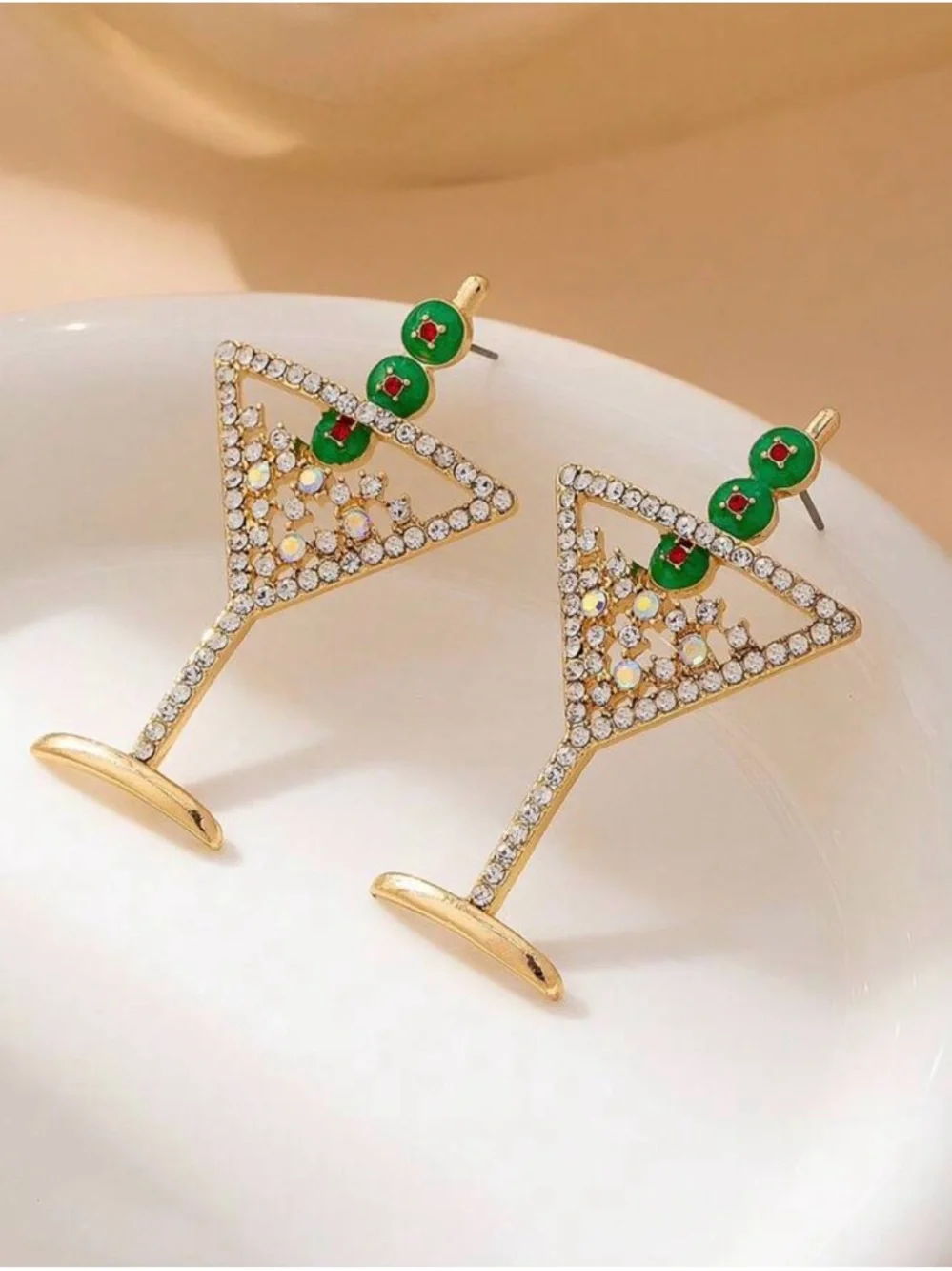Gold Crystal Martini Drop Earrings with Green Accents - Picture 3 of 5